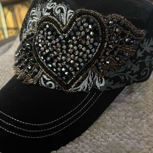 Embellished Black Cap with Heart Design